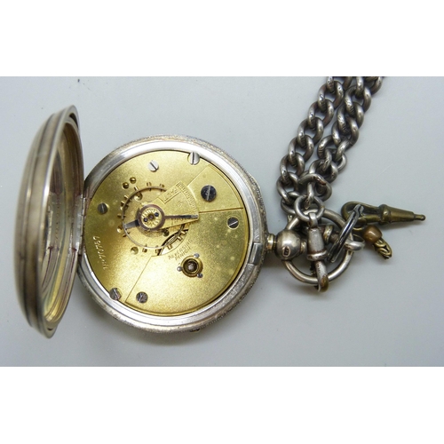 7115 - A silver open face pocket watch on a silver plated Albert chain