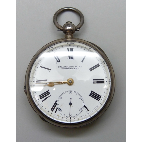 7117 - A silver open face pocket watch, movement signed Skarratt, Worcester, Birmingham 1884 hallmarks