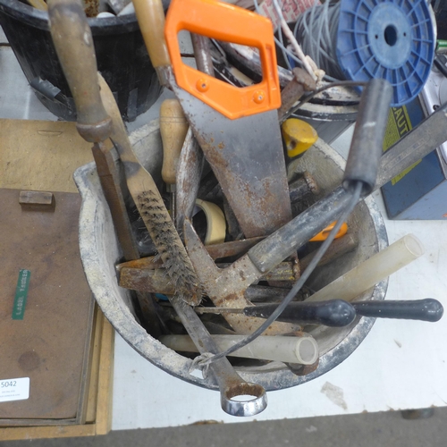 5042 - A large quantity of assorted hand tools and miscellaneous items including 2 tool boxes, 3 buckets, b... 