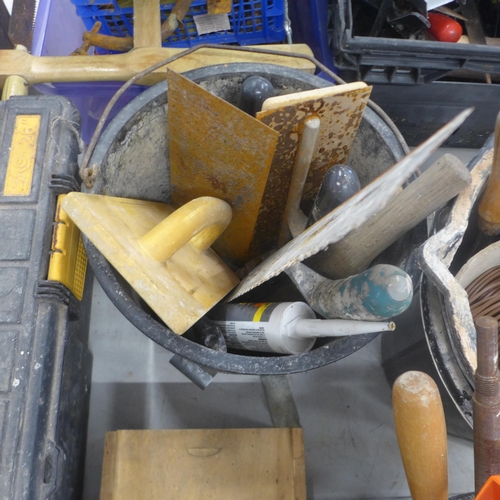5042 - A large quantity of assorted hand tools and miscellaneous items including 2 tool boxes, 3 buckets, b... 
