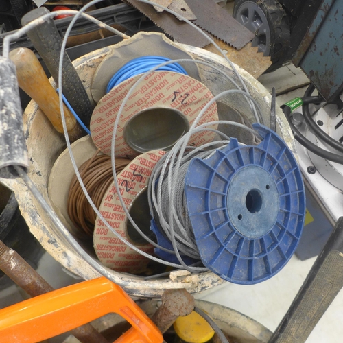 5042 - A large quantity of assorted hand tools and miscellaneous items including 2 tool boxes, 3 buckets, b... 