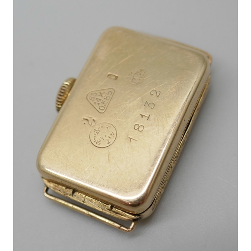 7018E - An Art Deco French 14ct yellow gold wristwatch head, 6.9g, 24mm x 15mm x 5mm