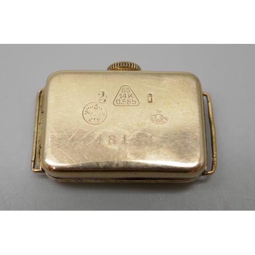 7018E - An Art Deco French 14ct yellow gold wristwatch head, 6.9g, 24mm x 15mm x 5mm
