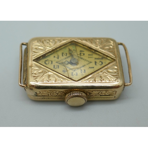 7018E - An Art Deco French 14ct yellow gold wristwatch head, 6.9g, 24mm x 15mm x 5mm