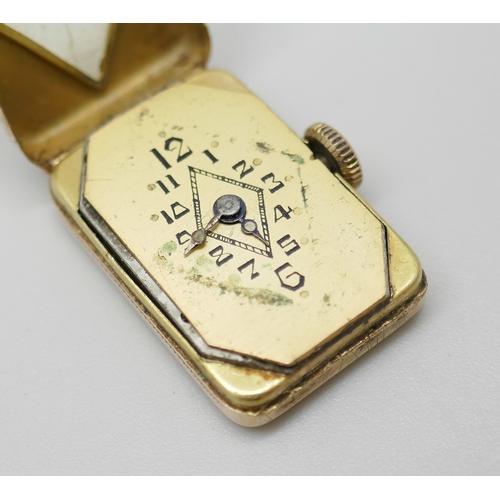 7018E - An Art Deco French 14ct yellow gold wristwatch head, 6.9g, 24mm x 15mm x 5mm