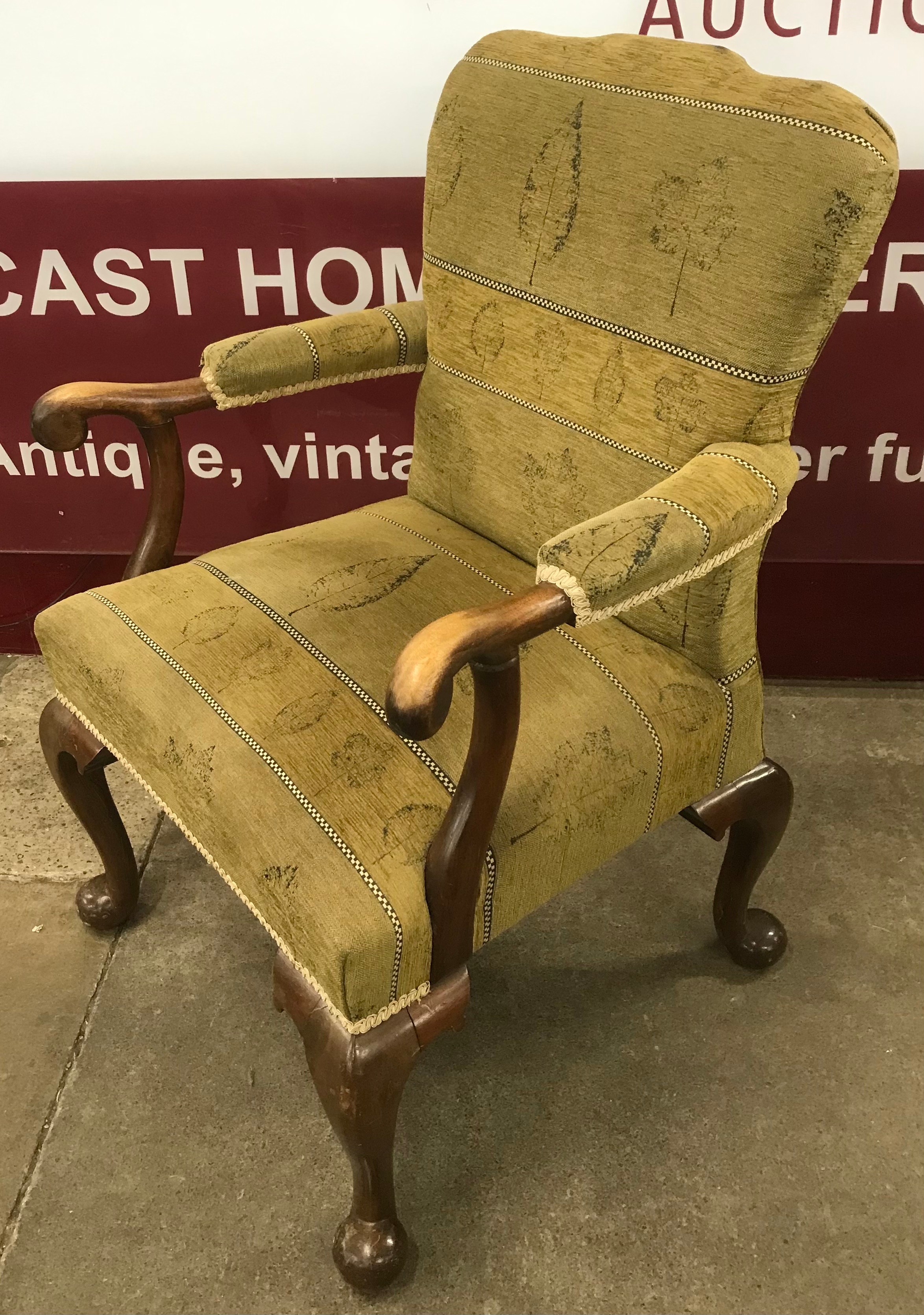 An early 20th Century Queen Anne style mahogany and fabric upholstered ...
