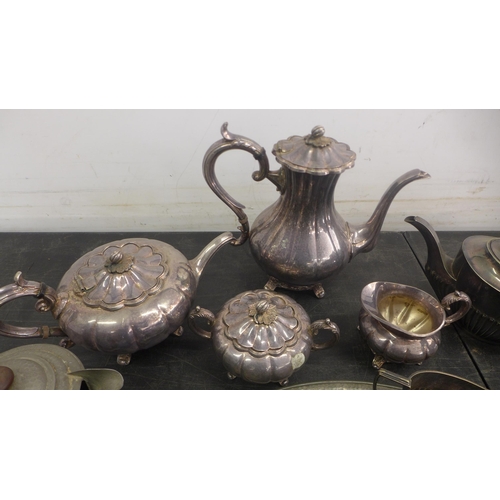 5069 - A quantity of assorted metal tea ware including tea pots, milk jugs and a serving tray