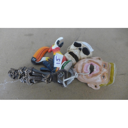 5073 - 5 cast metal bottle top openers including Trump, skeleton, toucan, parrot and hob goblin  *This lot ... 
