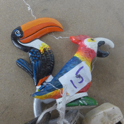 5073 - 5 cast metal bottle top openers including Trump, skeleton, toucan, parrot and hob goblin  *This lot ... 