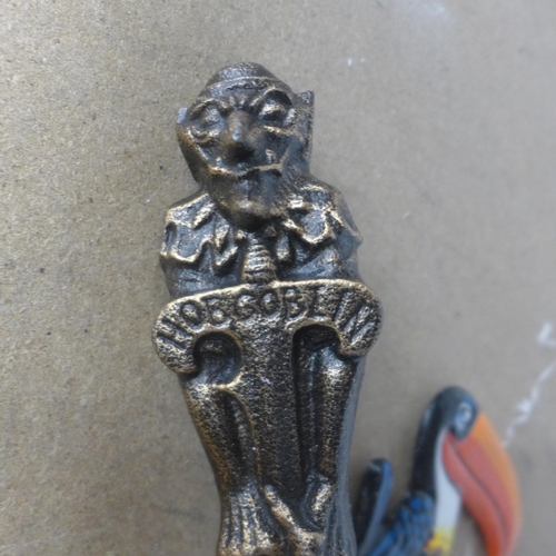 5073 - 5 cast metal bottle top openers including Trump, skeleton, toucan, parrot and hob goblin  *This lot ... 