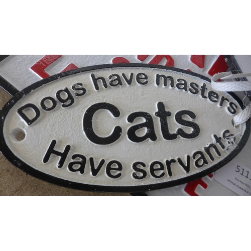 5111 - 3 cat related cast metal signs  *This lot is subject to VAT