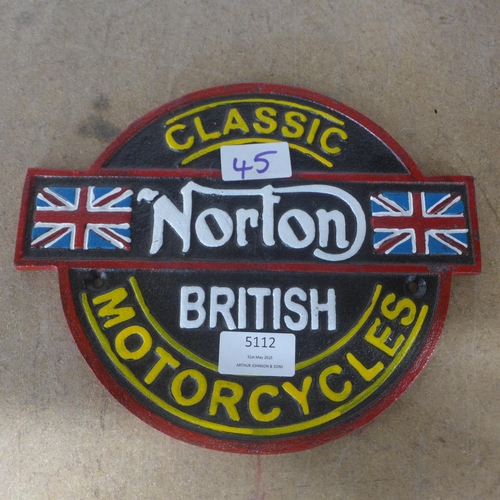 5112 - A cast metal Norton Motorcycles wall plaque  *This lot is subject to VAT