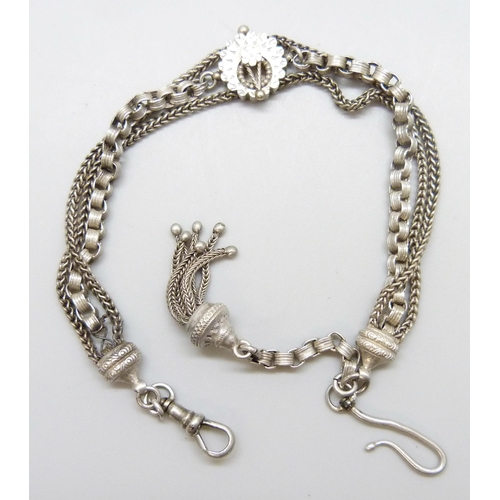 7094 - A Victorian white metal Albertina chain, testing as 925 silver, 17g