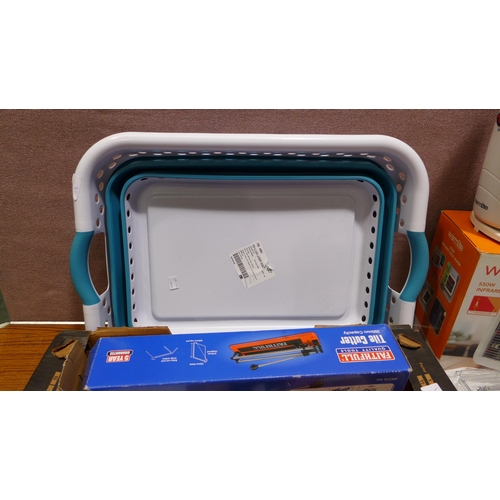Box of miscellaneous Houshold items to include desk heater, tile cutter ...