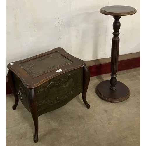 220 - A French mahogany and brass panelled sewing box and a jardiniere stand