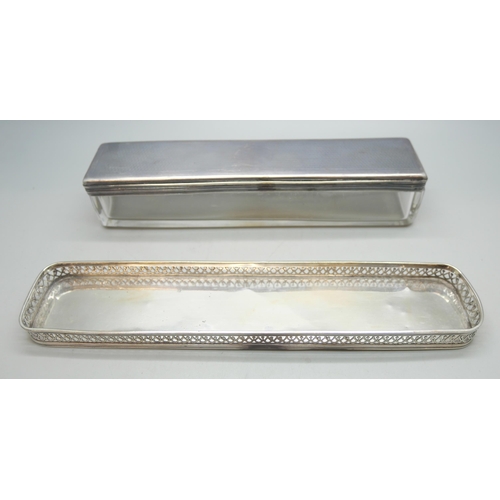 7246 - A white metal gallery style pen tray, possibly Paris mark, 20.8cm, and a glass box with white metal ... 