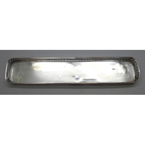 7246 - A white metal gallery style pen tray, possibly Paris mark, 20.8cm, and a glass box with white metal ... 