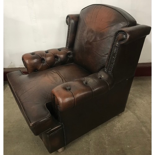 144B - A chestnut brown leather Chesterfield wingback settee and armchair