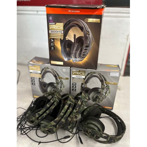 A quantity of gaming headphones including Plantronics Rig 400 PC ...