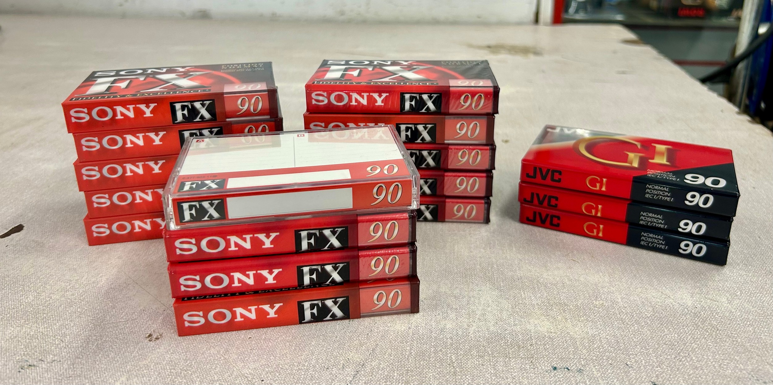14 Sony FX-90 blank cassette tapes and 3 JVC GI-90 blank cassette tapes