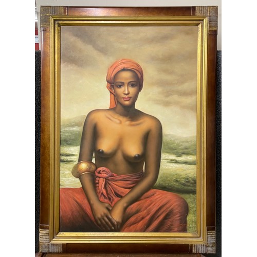 301 - K. Bailey, study of a female nude, oil on canvas and a Continental School river landscape, oil on ca... 