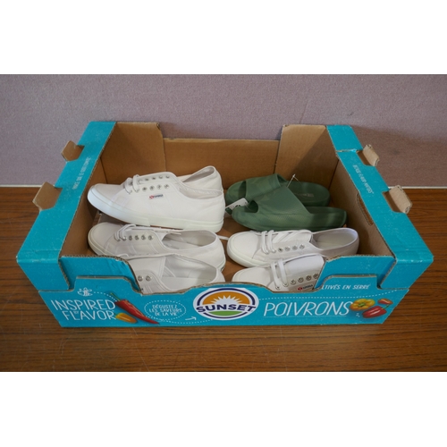 6187 - Supergra white trainers x 3, various sizes and a pair of 32 degrees Cool sliders, size small *This l... 