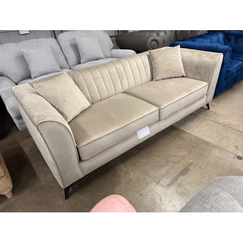 3157 - A champagne velvet upholstered shell back 3 seater sofa (transit mark)