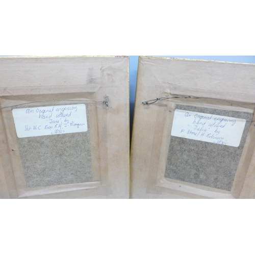 2005 - A set of four Victorian hand coloured engravings, circa 1830s, later frames, 20cm wide