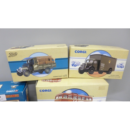 2009 - Seven Corgi model vehicles, including Post Office Guy Warrior and Ken Thomas ERF Dropside, boxed