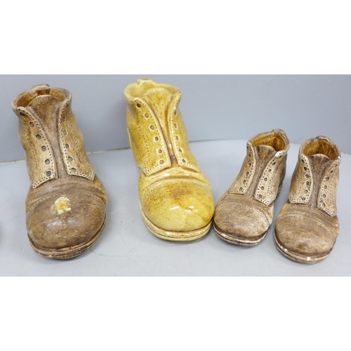 2010 - A collection of novelty ceramic boots and a small cast cobblers last