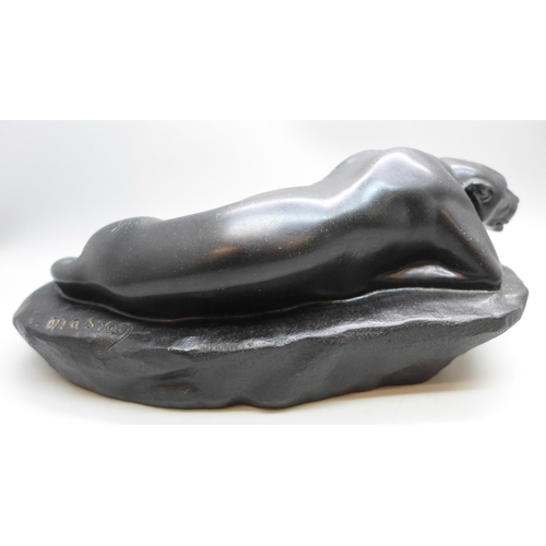 2019 - A black composite stone model of a panther, after Masson, 21cm