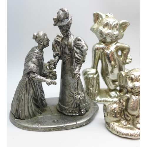 2022 - A novelty pill box in the form of a wine bottle, chromed metal Tom and Jerry figures and three other... 