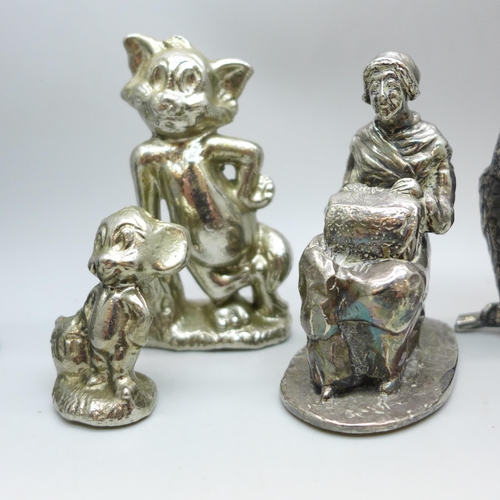 2022 - A novelty pill box in the form of a wine bottle, chromed metal Tom and Jerry figures and three other... 