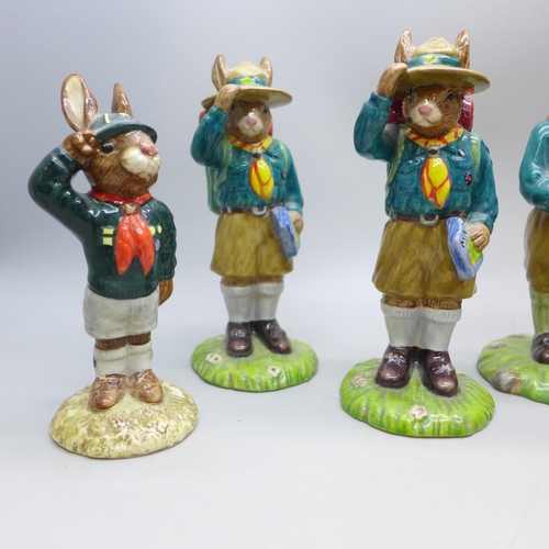 2032 - A set of five Royal Doulton Bunnykins boy scout figures, (leader a/f)  **PLEASE NOTE THIS LOT IS NOT... 