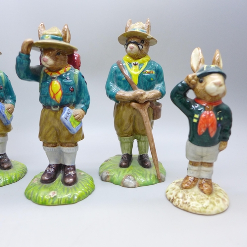 2032 - A set of five Royal Doulton Bunnykins boy scout figures, (leader a/f)  **PLEASE NOTE THIS LOT IS NOT... 