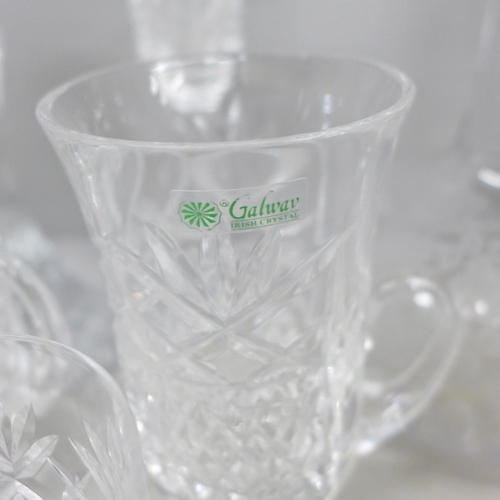 2062 - A collection of crystal glass including Galway Crystal Irish coffee glasses, three Royal Doulton she... 