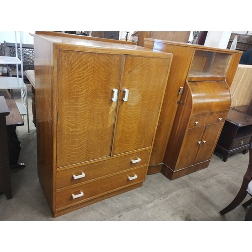 251 - An Art Deco walnut side by side bureau bookcase and an oak tallboy