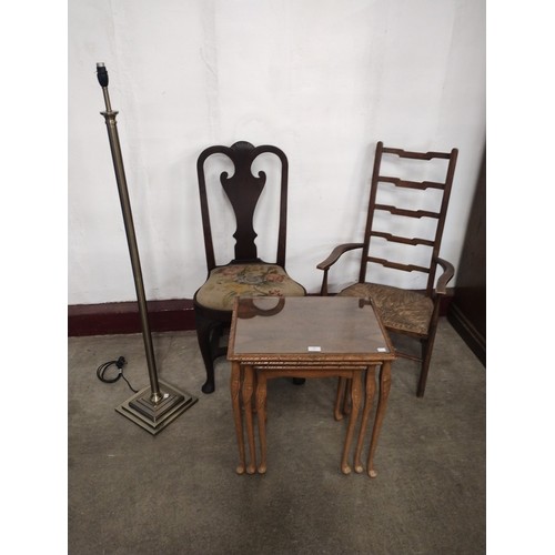 268 - A Queen Anne walnut side chair, an Arts and Crafts beech and rush seated fireside chair, a walnut ne... 