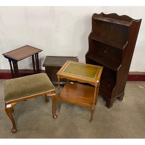 271B - A mahogany waterfall front open bookcase, an oak sewing table, a nest of two tables, etc.