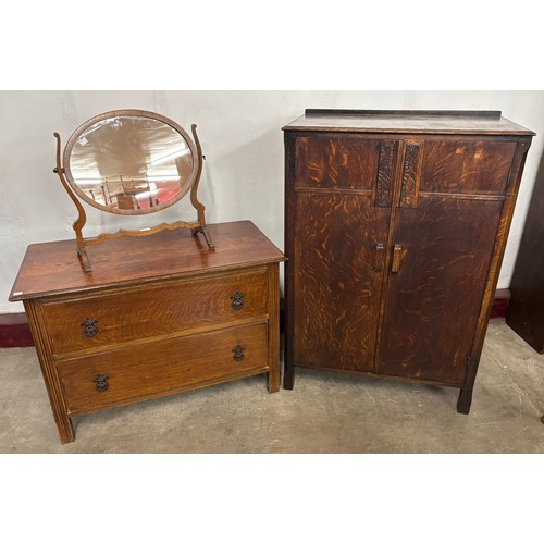 271G - An Art Deco oak tallboy, an oak chest of drawers and a Victorian walnut toilet mirror