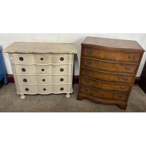 271H - A George III style figured walnut chest of drawers and a French style painted commode