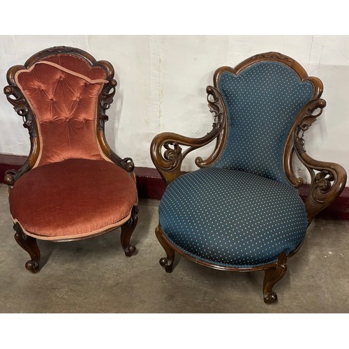 271J - Two Victorian carved walnut and fabric upholstered lady's chairs