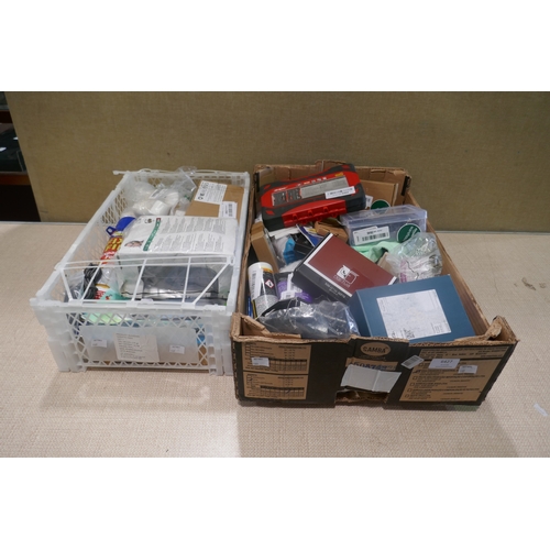 6427 - Two boxes of miscellaneous items including expanding foam, Bosch spray, cable, ear muffs, hi-spec sc... 