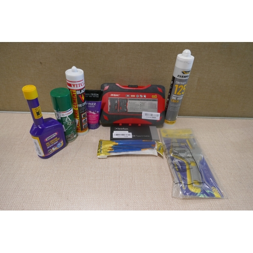 6427 - Two boxes of miscellaneous items including expanding foam, Bosch spray, cable, ear muffs, hi-spec sc... 