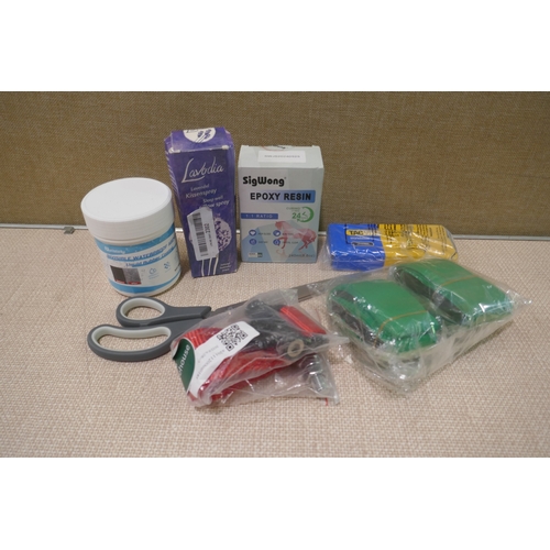 6428 - Two boxes of miscellaneous items including seam sealer, waterproof cast protector, shower hose, glov... 