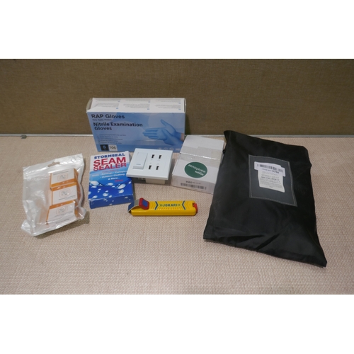 6428 - Two boxes of miscellaneous items including seam sealer, waterproof cast protector, shower hose, glov... 