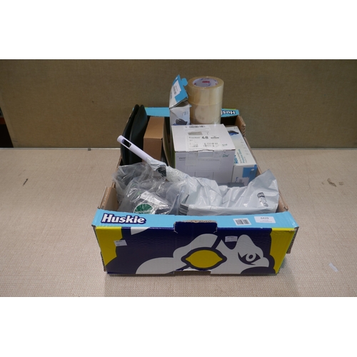 6429 - Box of miscellaneous items including Sellotape, gloves, mitre jig, utensils container, shower head t... 