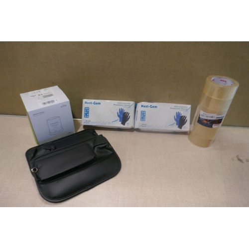 6429 - Box of miscellaneous items including Sellotape, gloves, mitre jig, utensils container, shower head t... 