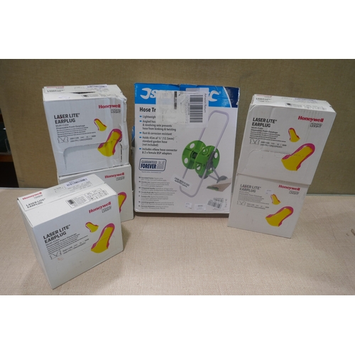 6430 - Five boxes of Honeywell Laserlite ear plugs and a Silverline hose trolley (94B95840) *This lot is su... 
