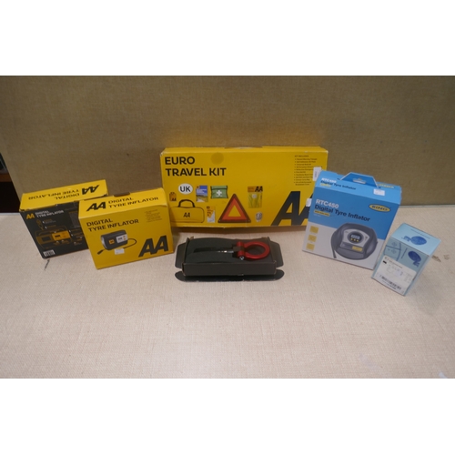 6462 - Two AA digital tyre inflators, AA travel kit, Ring tyre inflator, brake pad set, car towing hook (51... 